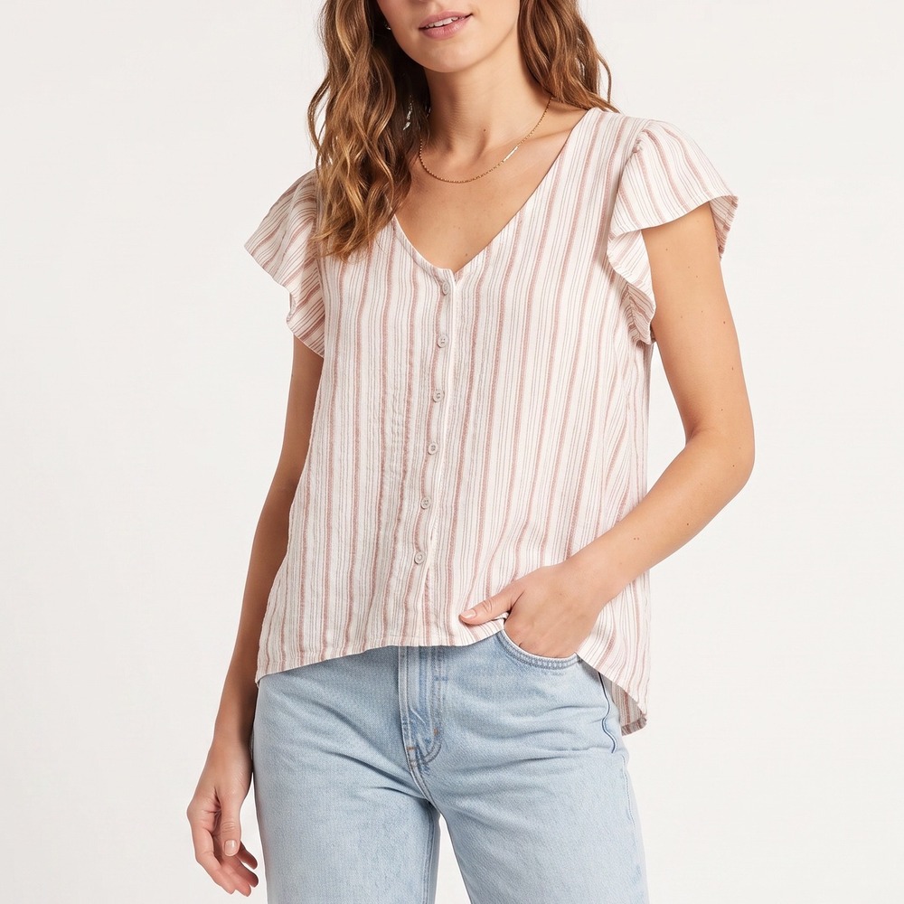 Jane + Delancey Blouse Womens M Tan Striped Flutter Sleeve Button-down Excellent